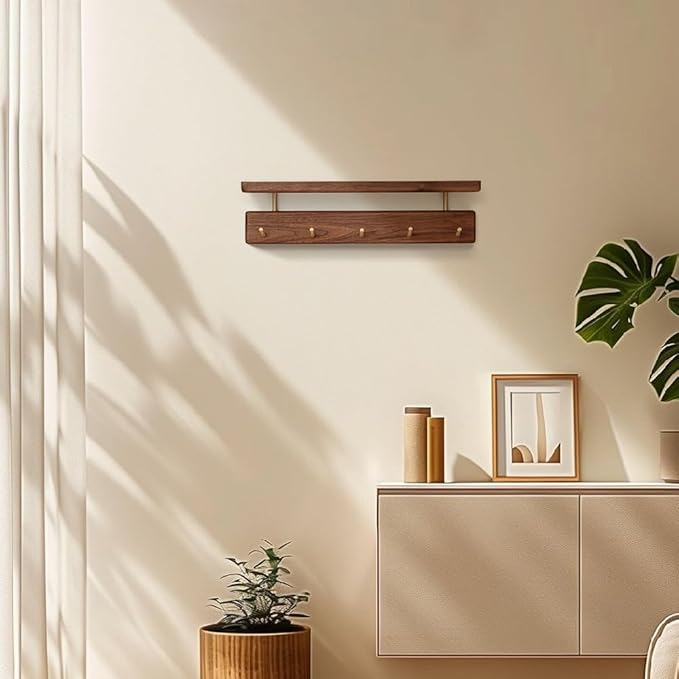 Shelf with Hooks, Solid Wood Bedroom Shelves for Wall, Wooden Coat Rack Wall Mount for Bathroom, Kitchen, Door Entryway (Walnut, 30cm/11.81inch)