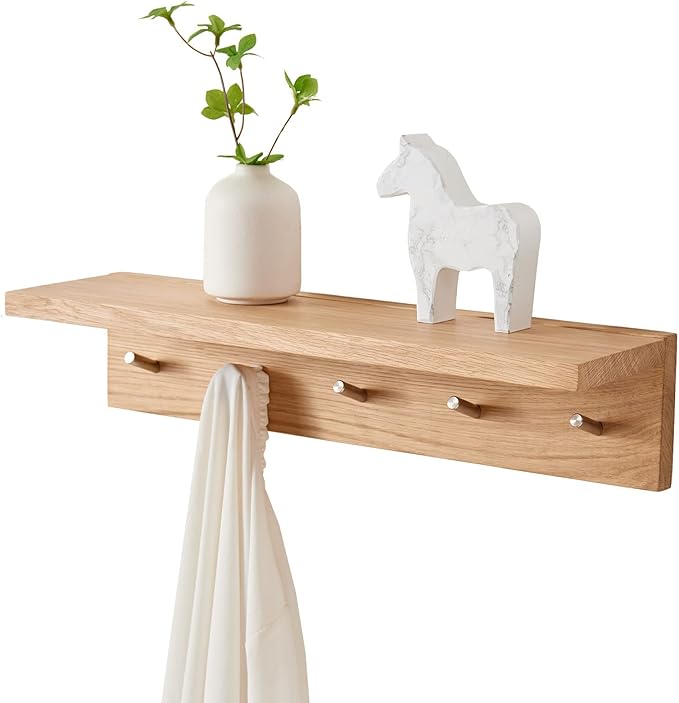 Oak Wood Wall Shelf with 5 Hooks, Entryway Shelf Coat Rack with Hooks Floating Shelves with Hooks for Clothes Hats Towel Purse Robes, Bathroom Mudroom Bedroom (20 inch)