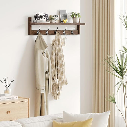 AMBIRD 28.9 Inch Length Shelf with Hooks Entryway Coat Rack Wall Mount Wood Coat Hooks with Shelf Wall-Mounted Coat Hook Rack with 5 Dual Hooks for Bathroom, Living Room, Bedroom (Brown)