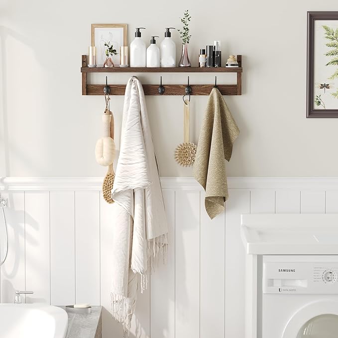 AMBIRD 28.9 Inch Length Shelf with Hooks Entryway Coat Rack Wall Mount Wood Coat Hooks with Shelf Wall-Mounted Coat Hook Rack with 5 Dual Hooks for Bathroom, Living Room, Bedroom (Brown)