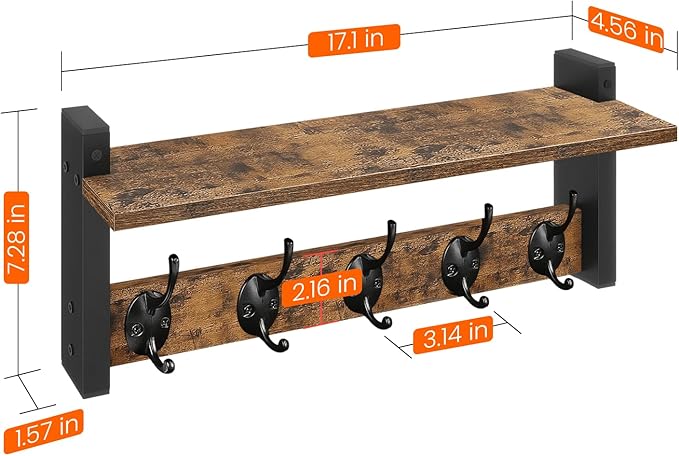 Homode Wall Hooks with Shelf, Wood Coat Rack with Shelf Wall-Mounted, Entryway Hanging Shelves with 5 Metal Hooks for Clothes Hats Towel Purse Robes, Bathroom Mudroom Bedroom, Rustic Brown Black