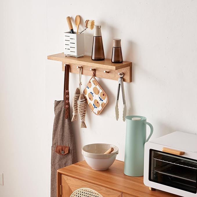 Oak Wood Wall Shelf with 5 Hooks, Entryway Shelf Coat Rack with Hooks Floating Shelves with Hooks for Clothes Hats Towel Purse Robes, Bathroom Mudroom Bedroom (20 inch)
